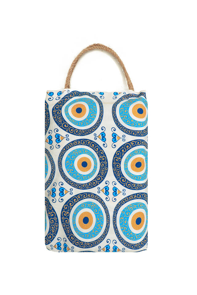 Turquoise Gold Printed Large Evil Eye Pattern Peshtemal - 3