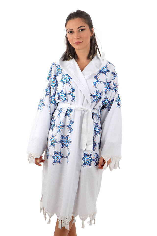 Turquoise Gold Printed Small Evil Eye Pattern Bathrobe - Bursa İpek