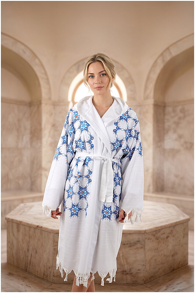 Turquoise Gold Printed Small Evil Eye Pattern Bathrobe - Bursa İpek