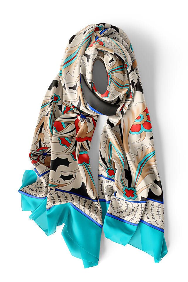 Turquoise Golden Horn Pattern Silk Foulard - 3