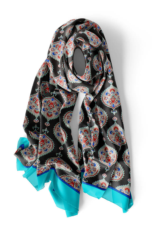 Turquoise Hatai Pattern Silk Foulard - 3