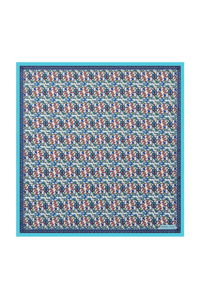 Turquoise Ivy Tulip Pattern Silky Pocket Square - Bursa İpek