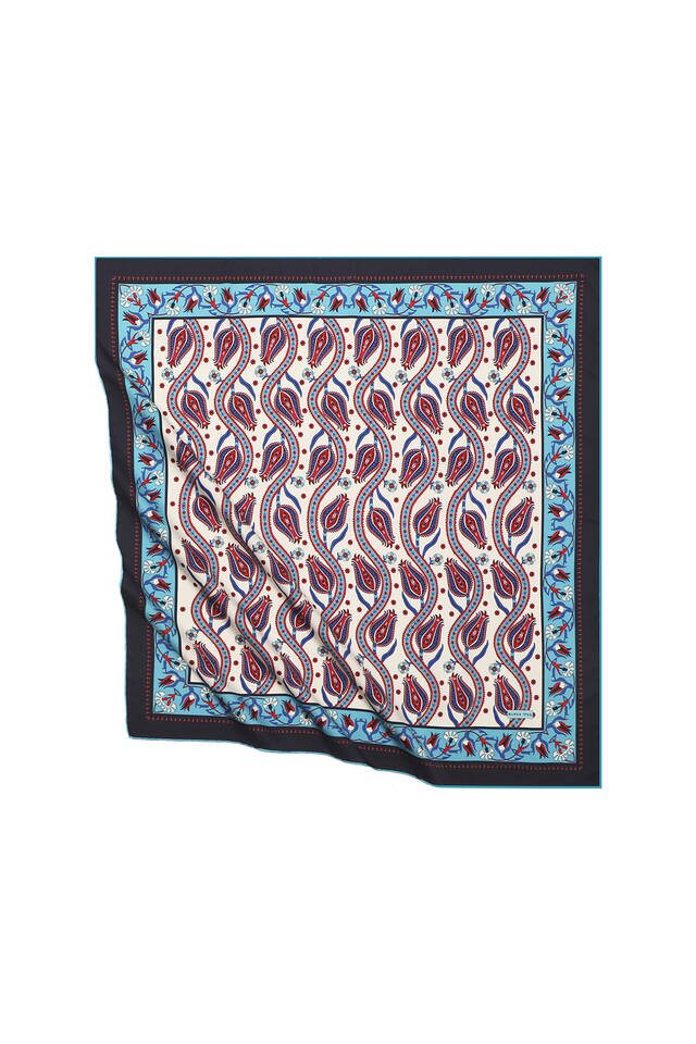 Turquoise Ivy Tulip Pattern Silky Square Scarf - Bursa İpek