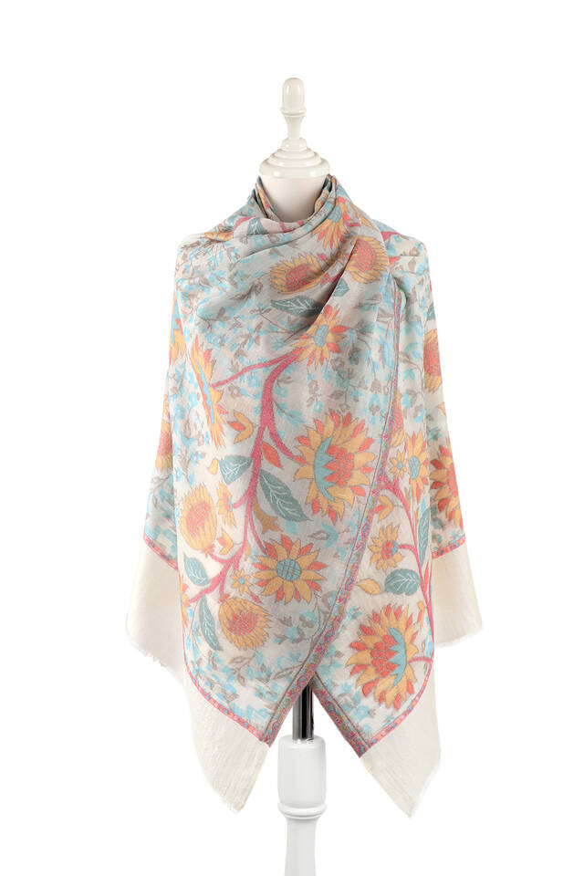 Turquoise Jacquard Patterned Wool Shawl - Bursa İpek