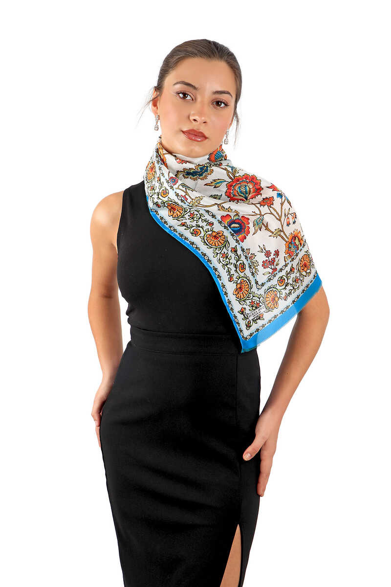 Turquoise Lily Pattern Voile Silk Foulard - Bursa İpek