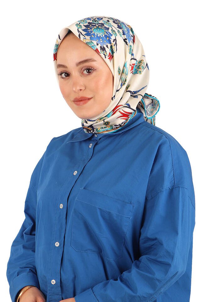 Turquoise Line Tulip Pattern Silky Square Scarf - 2