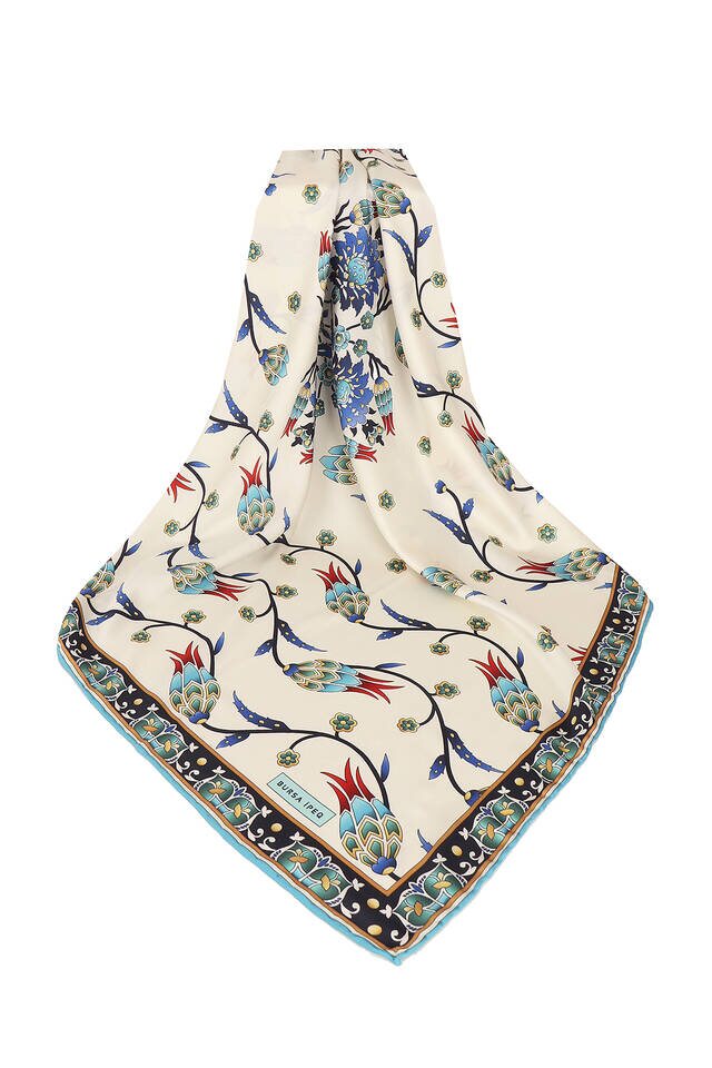 Turquoise Line Tulip Pattern Silky Square Scarf - 3