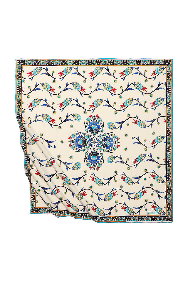 Turquoise Line Tulip Pattern Silky Square Scarf 