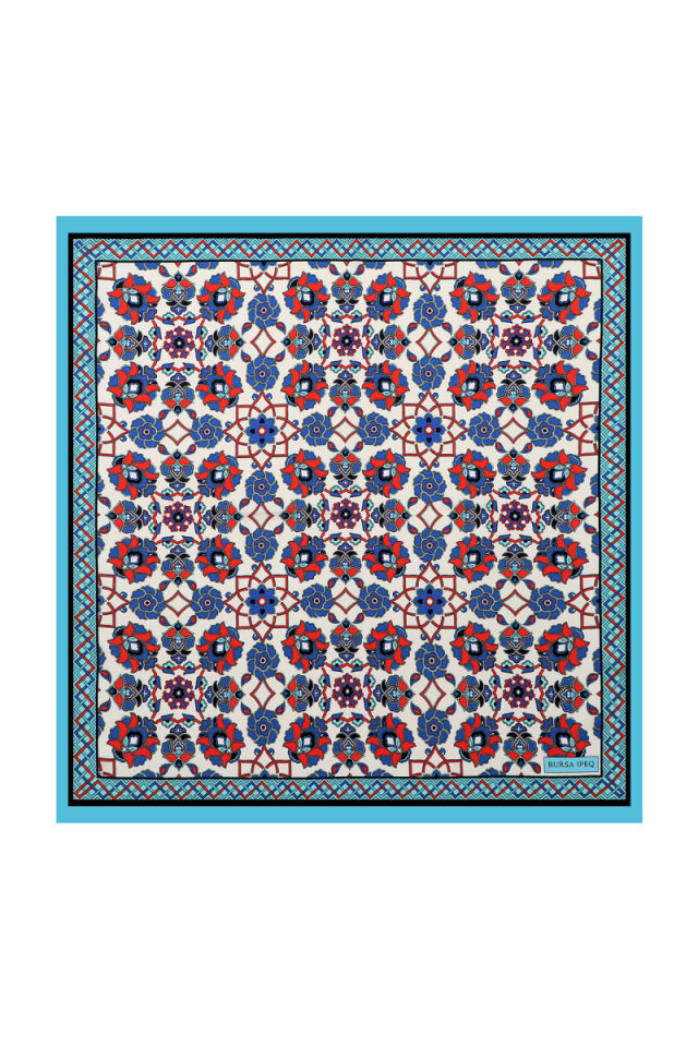 Turquoise Motif Pattern Silky Pocket Square - Bursa İpek