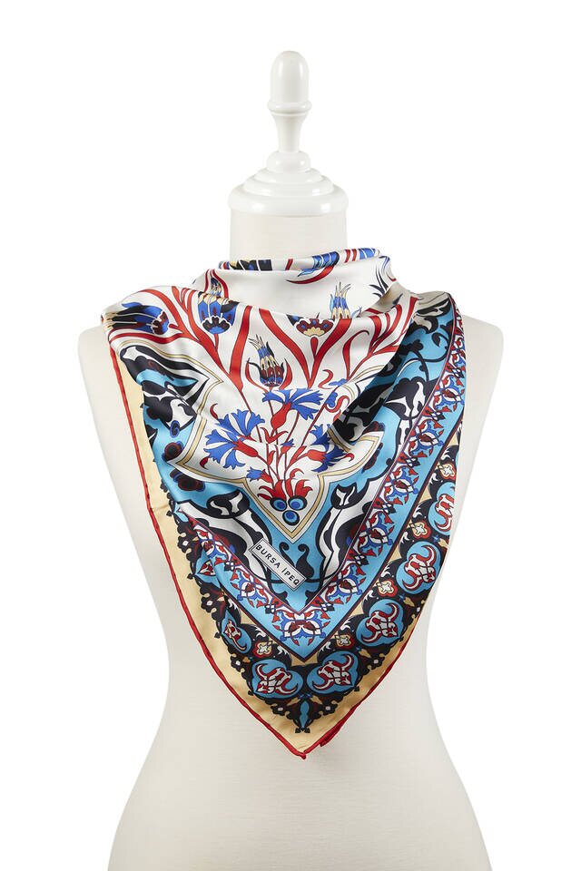 Turquoise Mustard Turkish Pattern Çintemani Carnation Pattern Silky Square Scarf - 2