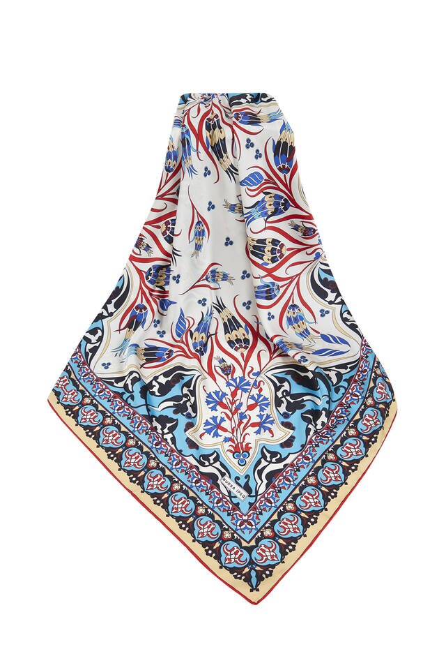 Turquoise Mustard Turkish Pattern Çintemani Carnation Pattern Silky Square Scarf - 3