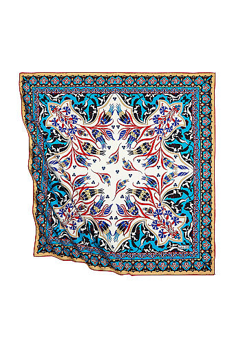 Turquoise Mustard Turkish Pattern Çintemani Carnation Pattern Silky Square Scarf 