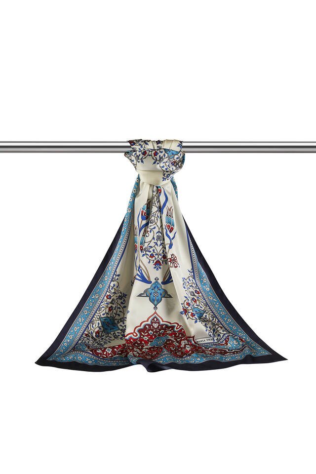 Turquoise Navy Blue Candlestick Pattern Wide Silky Foulard - 3