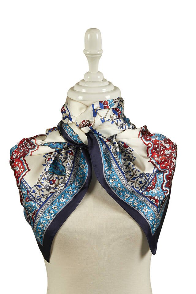 Turquoise Navy Blue Candlestick Pattern Wide Silky Foulard - 2