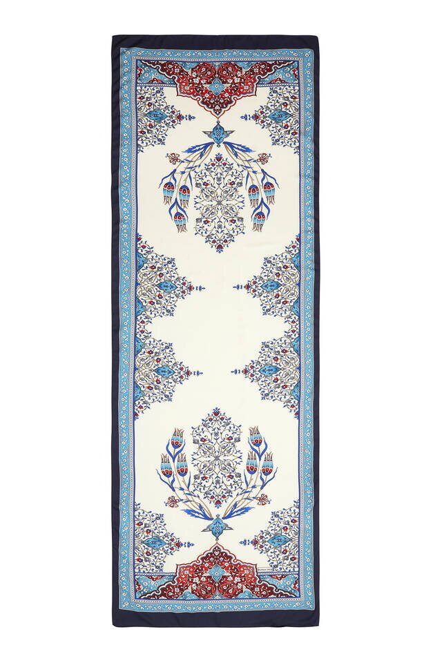 Turquoise Navy Blue Candlestick Pattern Wide Silky Foulard - 4