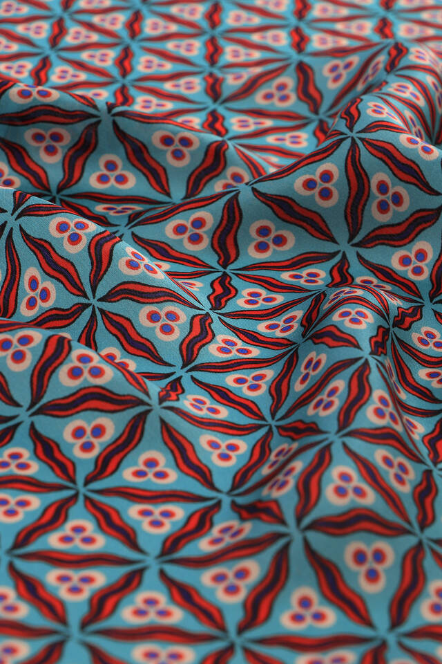 Turquoise Navy Blue Çintemani Pattern Silk Pocket Square - 3