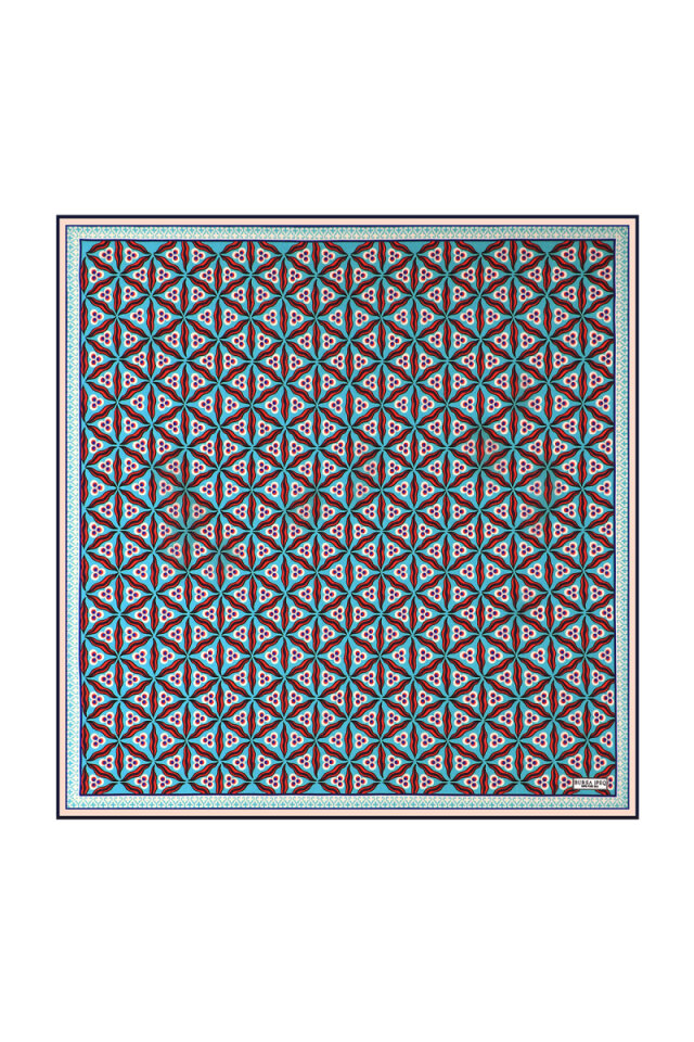 Turquoise Navy Blue Çintemani Pattern Silk Pocket Square - Bursa İpek