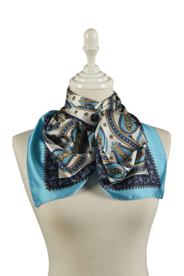 Turquoise Navy Blue Line Tulip Pattern Narrow Silky Foulard - 2
