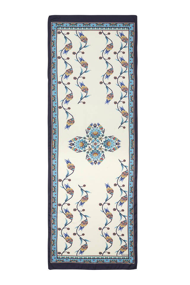 Turquoise Navy Blue Row Tulip Pattern Wide Silky Foulard - 4