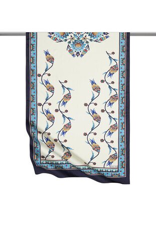 Turquoise Navy Blue Row Tulip Pattern Wide Silky Foulard 