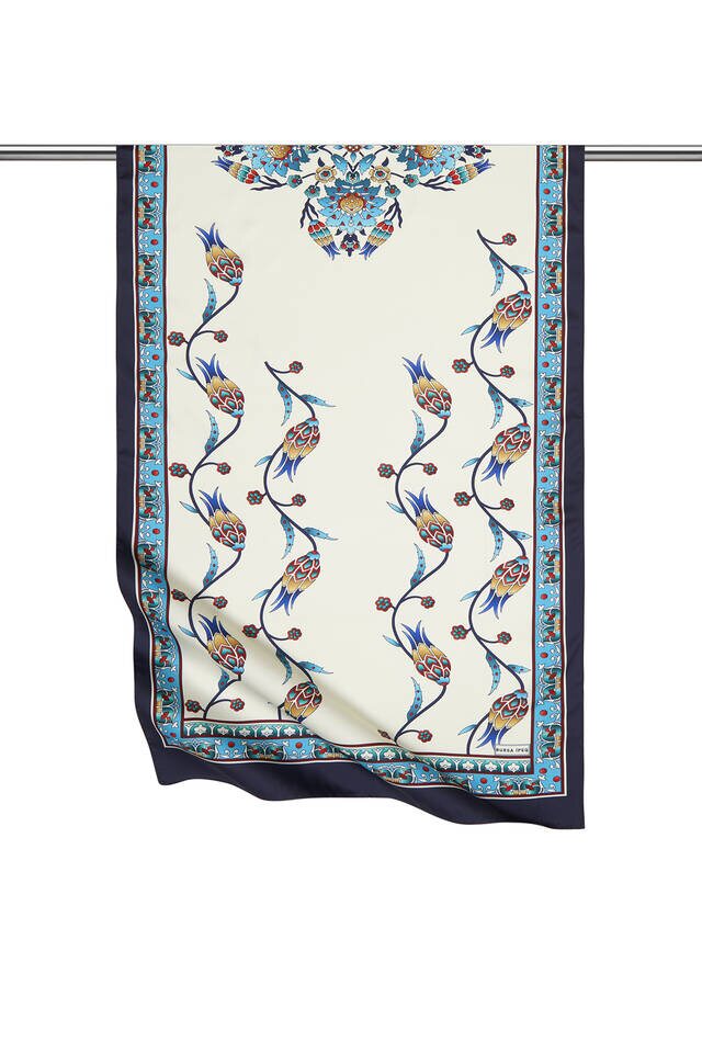 Turquoise Navy Blue Row Tulip Pattern Wide Silky Foulard 