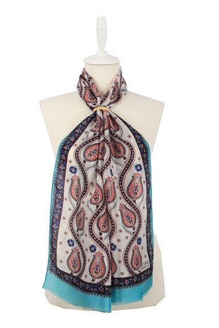 Turquoise Navy Blue Row Tulip Voile Silk Foulard 