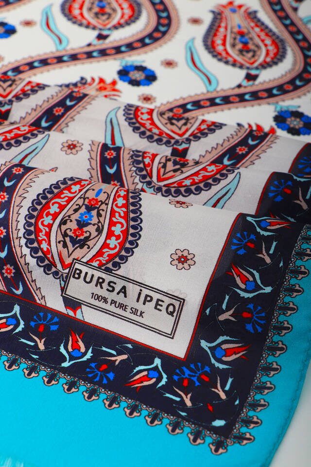 Turquoise Navy Blue Row Tulip Voile Silk Foulard - 3