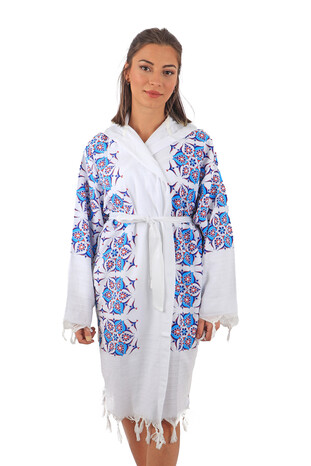 Turquoise Red Printed Anatolian Pattern Bathrobe 