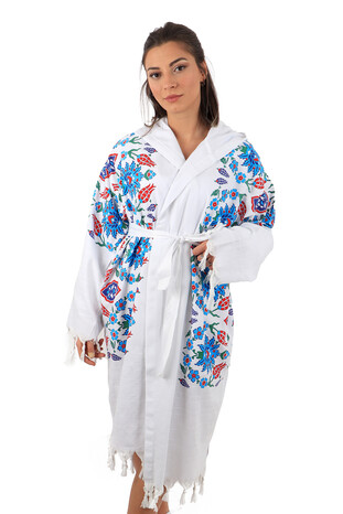 Turquoise Red Printed Carnation Pattern Bathrobe 