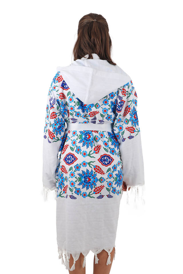 Turquoise Red Printed Carnation Pattern Bathrobe - 2