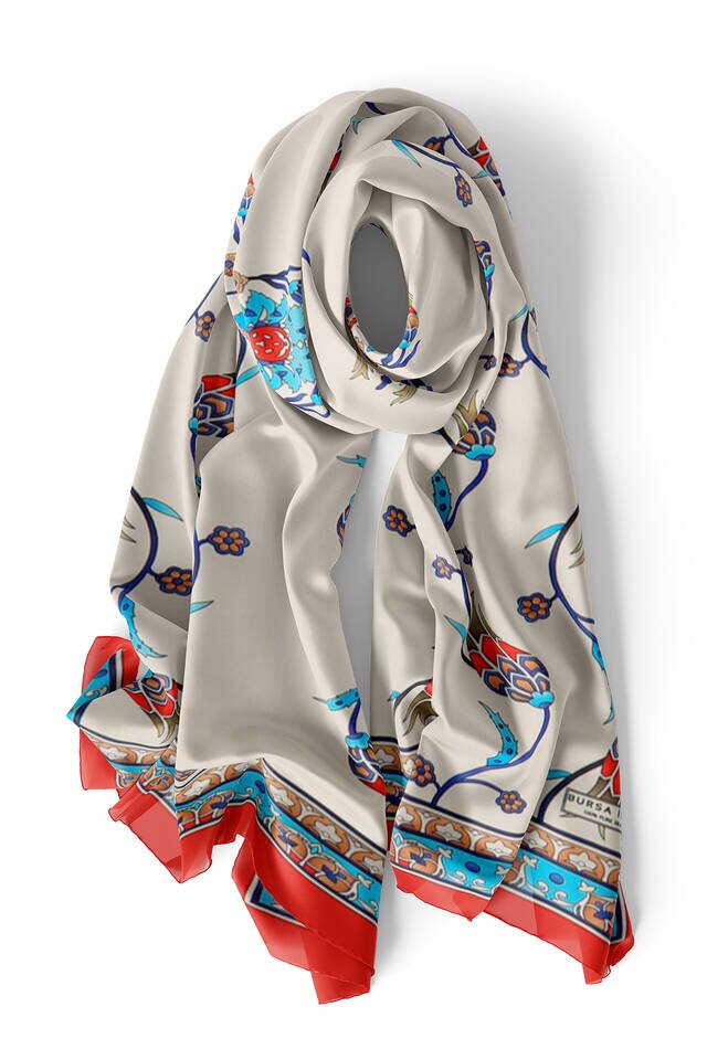 Turquoise Red Row Tulip Silk Foulard - 3