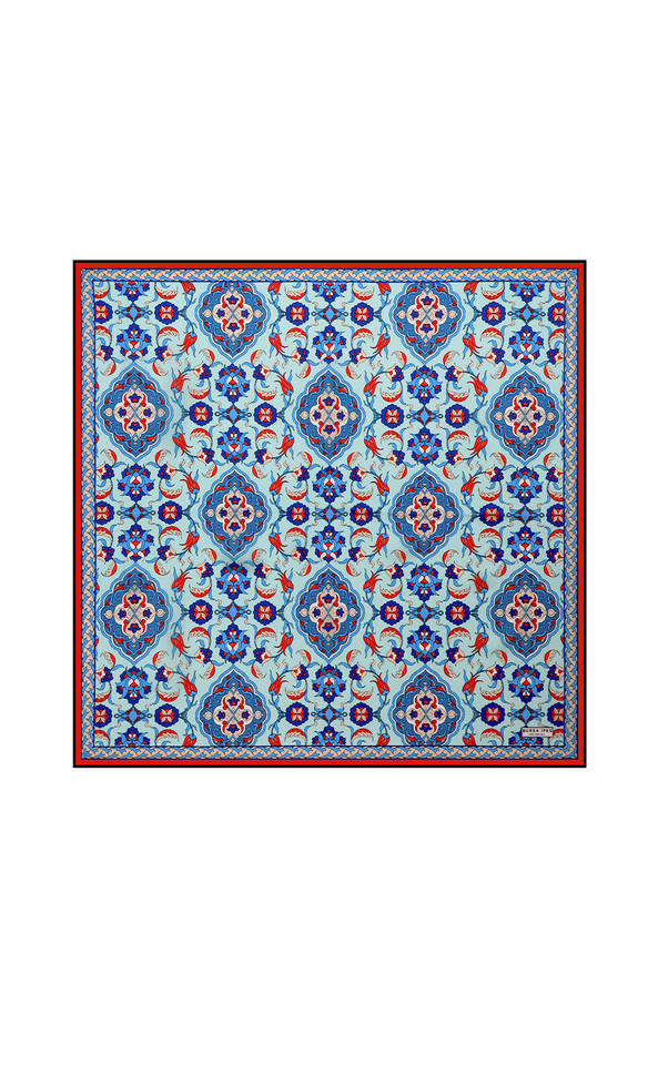 Turquoise Red Tile Tulip Pattern Silk Pocket Square - Bursa İpek