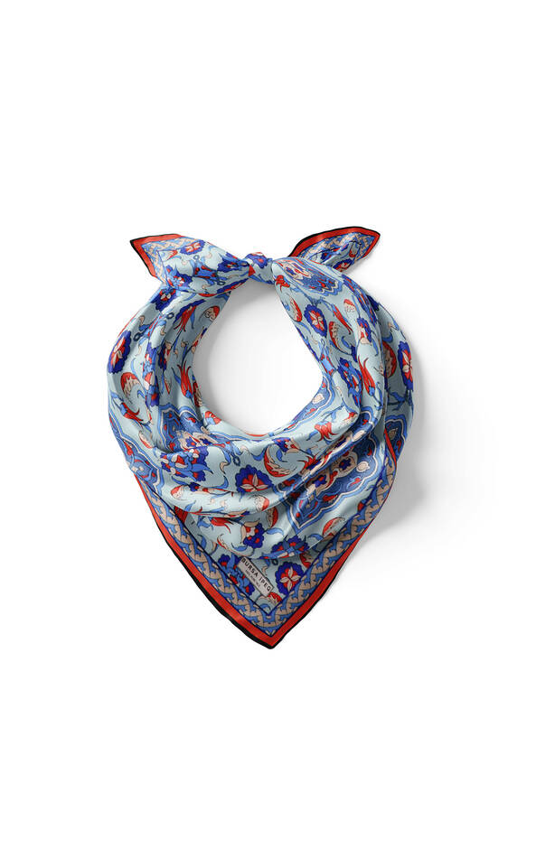 Turquoise Red Tile Tulip Pattern Silk Pocket Square - 2