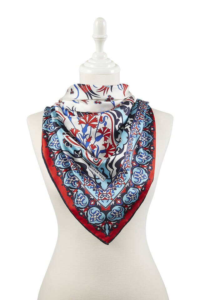 Turquoise Red Turkish Patterned Çintemani Carnation Pattern Silky Square Scarf - 2