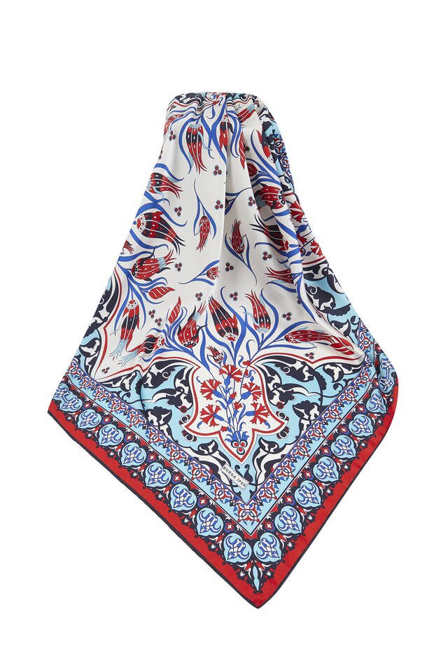 Turquoise Red Turkish Patterned Çintemani Carnation Pattern Silky Square Scarf - 3