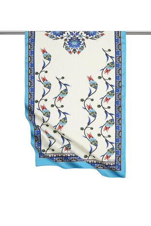 Turquoise Saks Row Tulip Pattern Wide Silky Foulard 