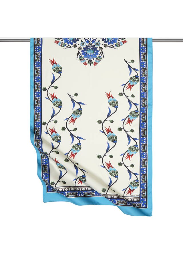 Turquoise Saks Row Tulip Pattern Wide Silky Foulard - 1