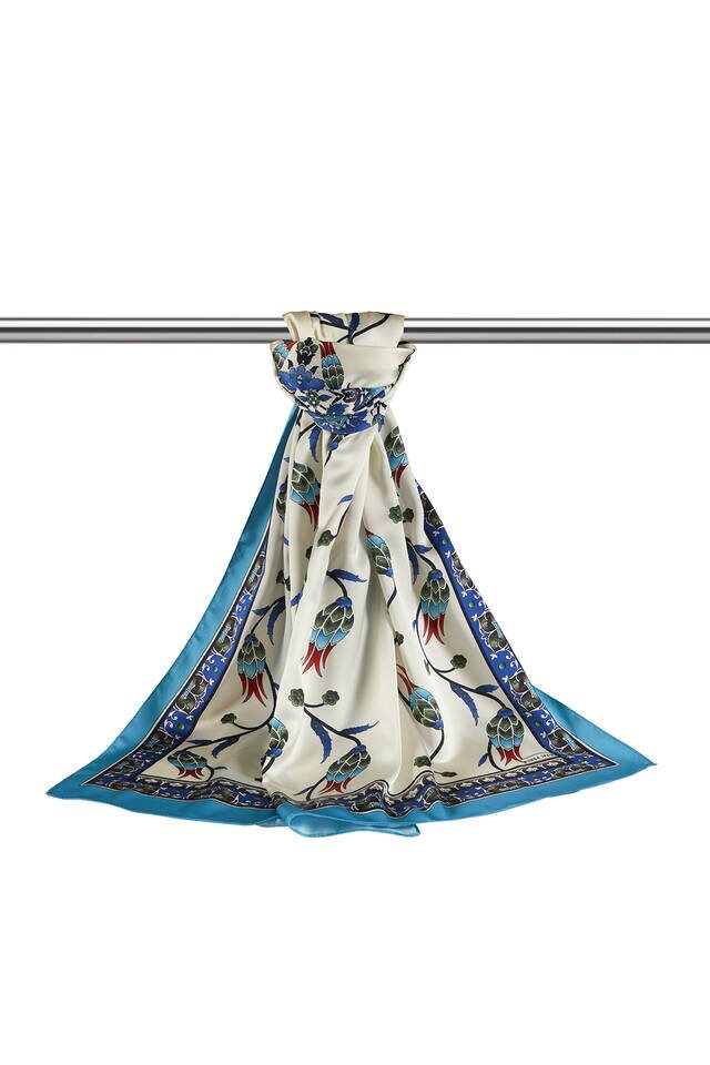 Turquoise Saks Row Tulip Pattern Wide Silky Foulard - 3