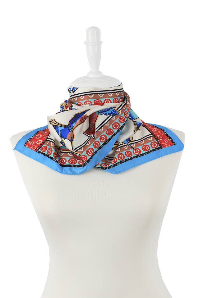 Turquoise Salmon Patterned Silky Foulard - 2