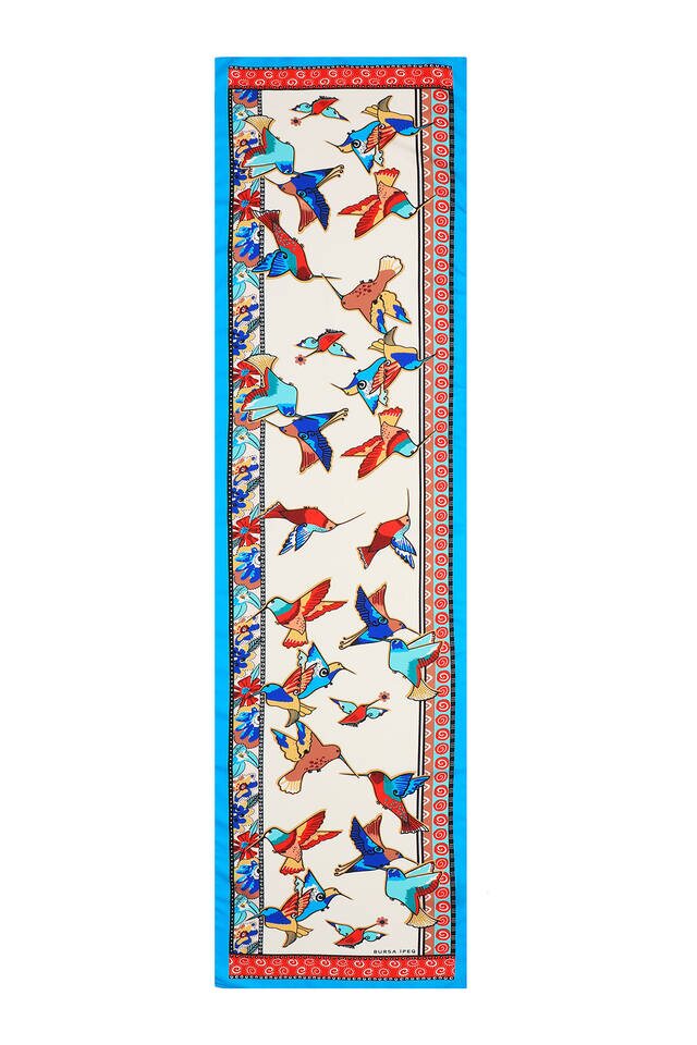 Turquoise Salmon Patterned Silky Foulard - 4