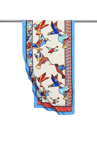 Turquoise Salmon Patterned Silky Foulard 