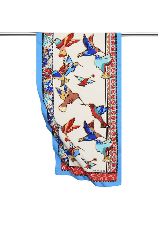 Turquoise Salmon Patterned Silky Foulard 