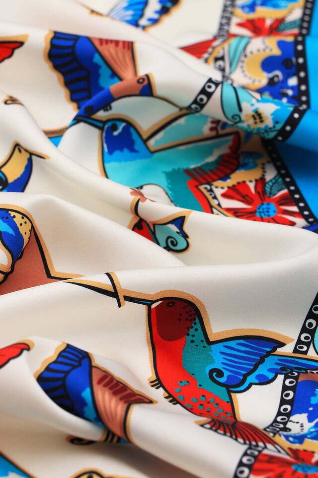 Turquoise Salmon Patterned Silky Foulard - 3