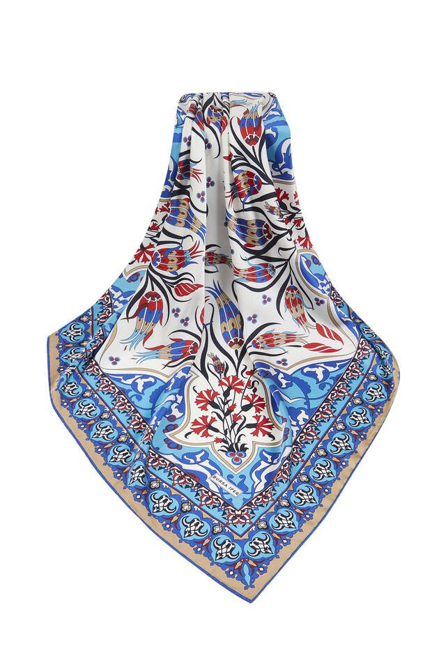 Turquoise Taba Turkish Pattern Cintemani Carnation Pattern Silky Square Scarf - 3