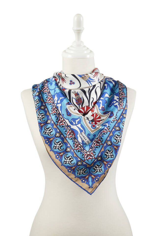 Turquoise Taba Turkish Pattern Cintemani Carnation Pattern Silky Square Scarf - 2