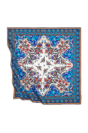 Turquoise Taba Turkish Pattern Cintemani Carnation Pattern Silky Square Scarf 