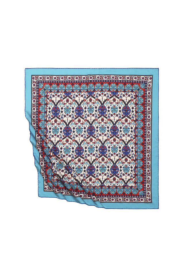 Turquoise Tile Tulip Pattern Silky Square Scarf 