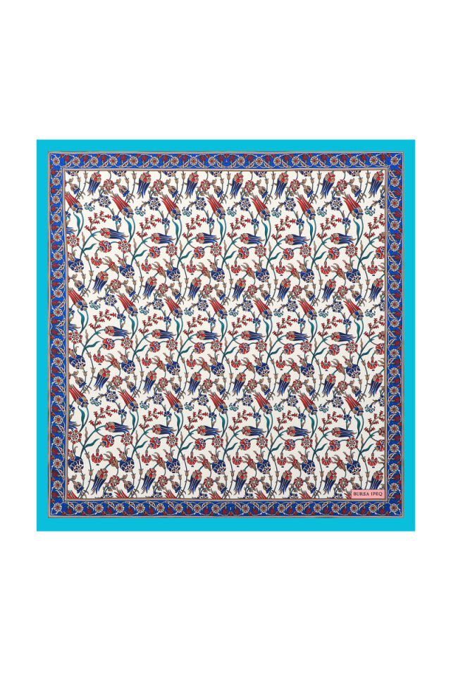 Turquoise Tulip Pattern Silky Pocket Square - Bursa İpek
