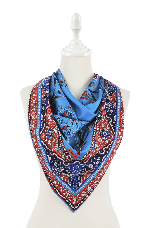 Turquoise Turkish Motif Candlestick Tulip Pattern Silky Square Scarf - 2