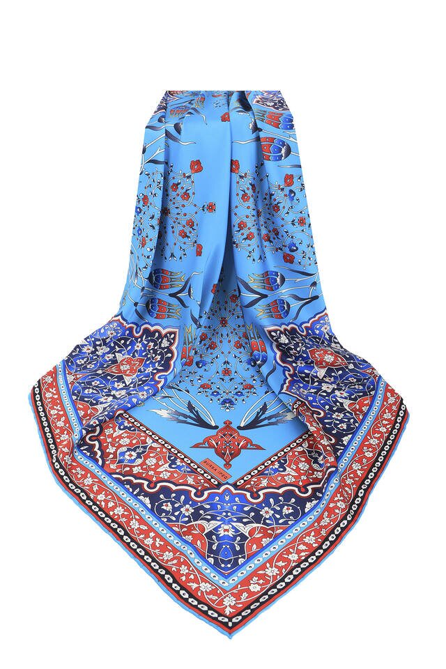 Turquoise Turkish Motif Candlestick Tulip Pattern Silky Square Scarf - 3